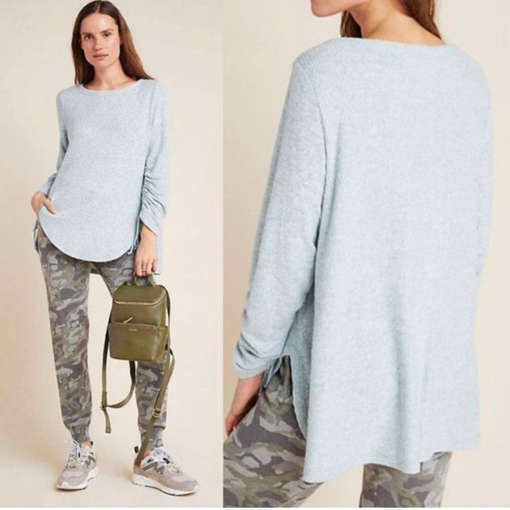 Anthro SATURDAY SUNDAY Tenley Top Shirt Blouse Green Ruched Sleeves Ribbed Knit